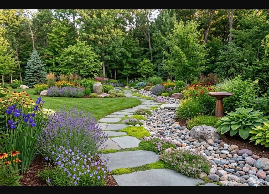 Beautiful landscaped yard with stone pathway and lush gardens
