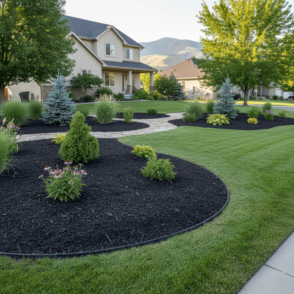 Beautifully landscaped yard with fresh mulch beds